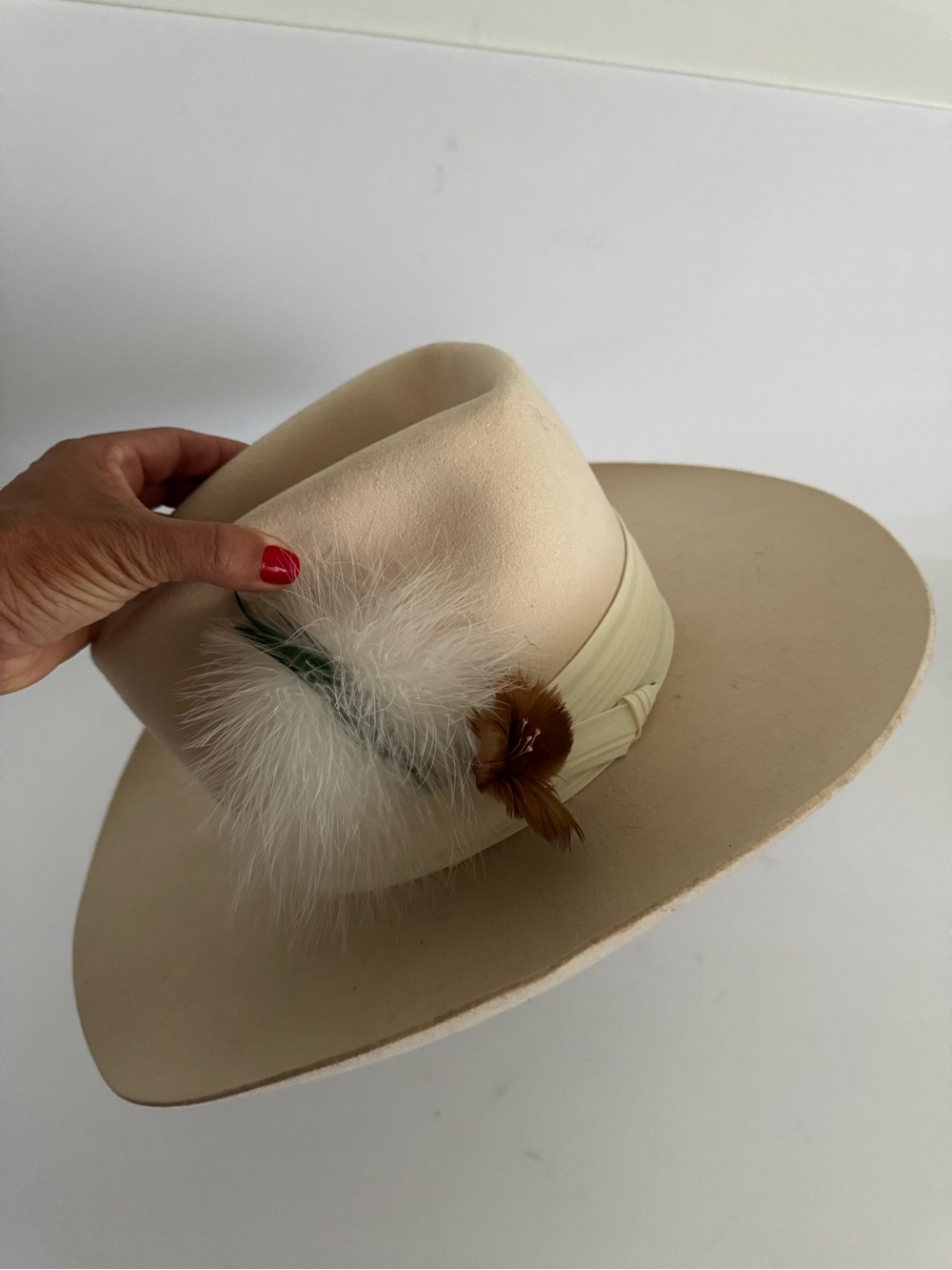 Cream Wide-Brim‎ Fedora Hat with Feather Accent